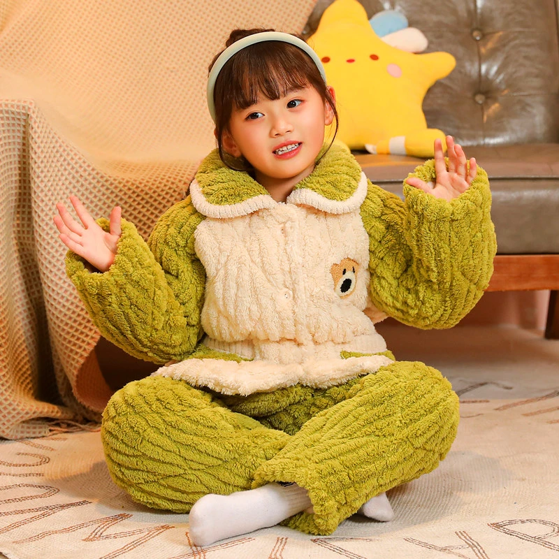 冬季儿童法兰绒睡衣男童女童小孩加厚款夹棉宝宝珊瑚绒家居服套装