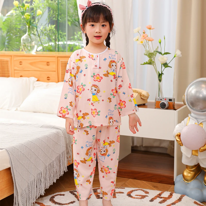 儿童夏季睡衣女童棉绸套装薄款长袖大童宝宝小孩空调服男童家居服