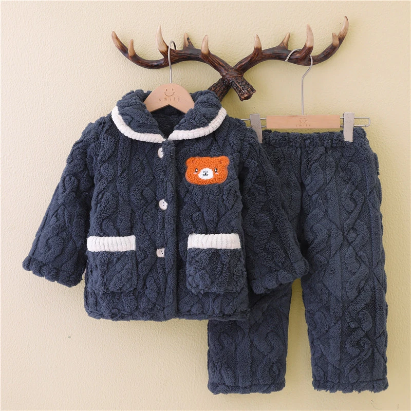 儿童睡衣冬加绒加厚男孩三层夹棉女童小孩珊瑚绒男童家居服中大童