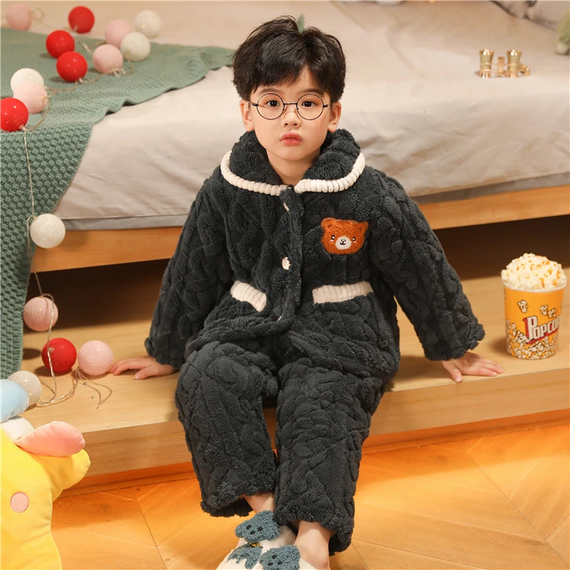 儿童睡衣男童冬季套装三层夹棉加厚中大童外穿男孩保暖家居服大码