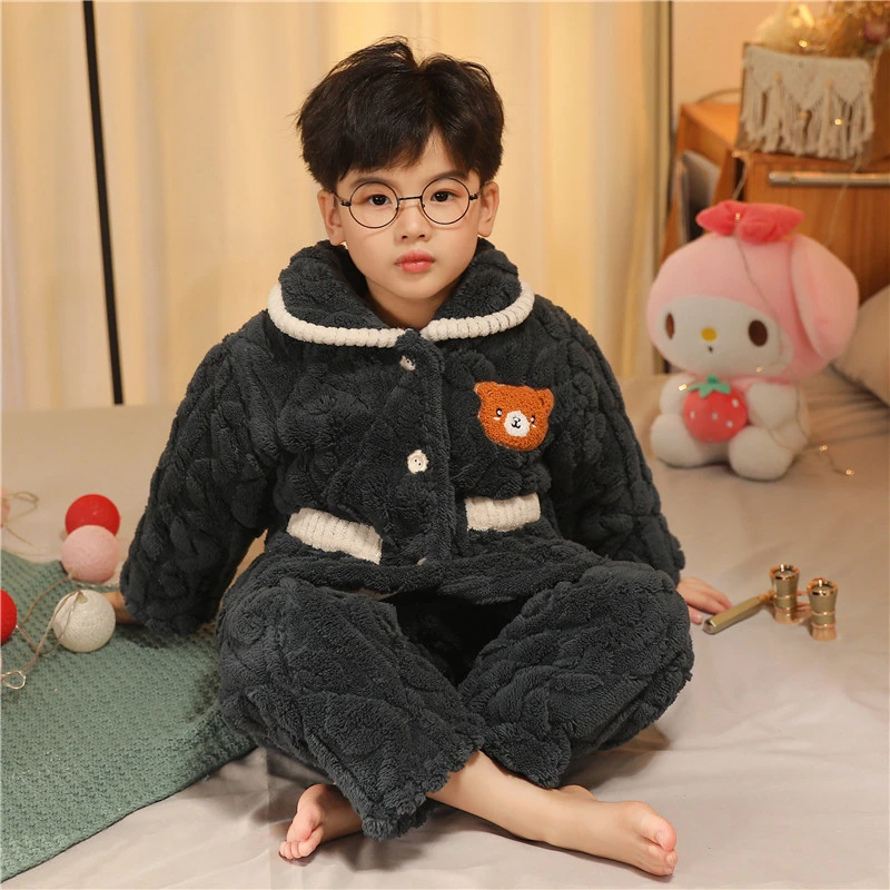 宝宝睡衣冬季三层夹棉加绒加厚款男童睡袄儿童法兰绒珊瑚绒居家服
