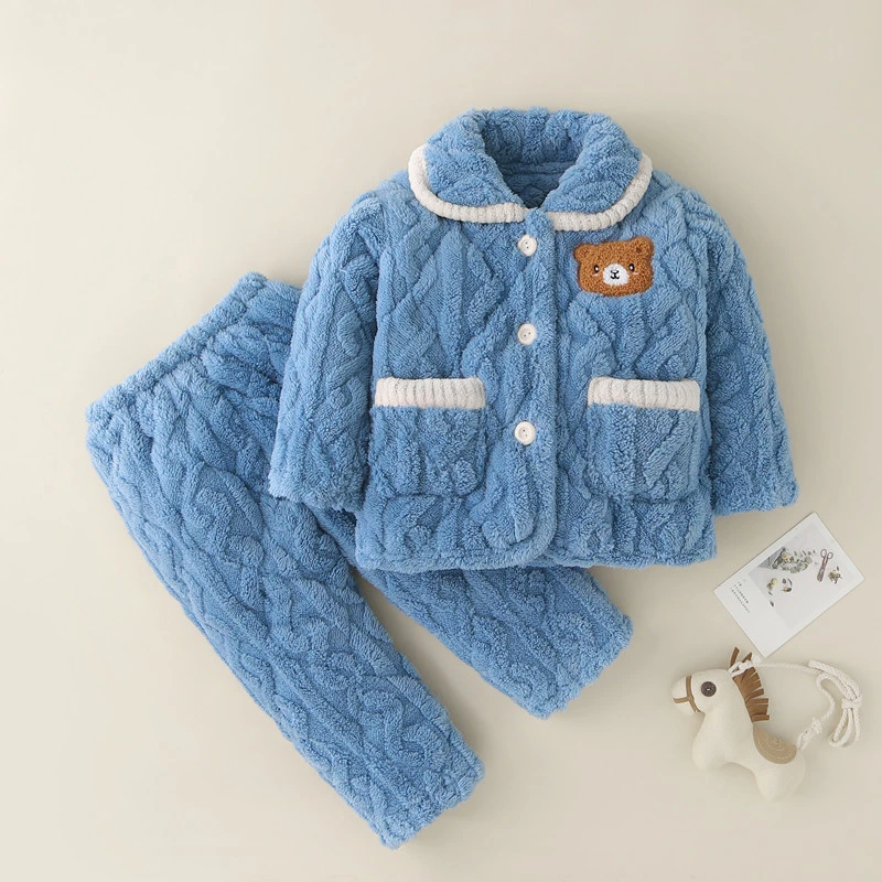 冬季儿童睡衣男童加绒加厚冬款三层夹棉珊瑚绒宝宝衣服男孩家居服