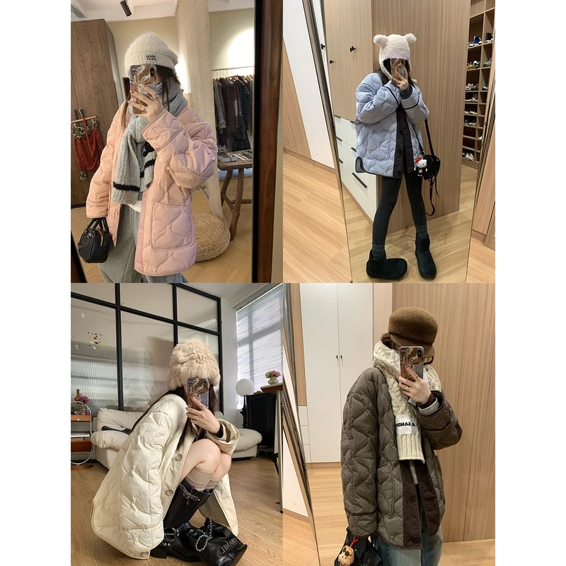 巴黎夜旅人 拼色圆领90白鸭绒葫芦线特种车廓形保暖羽绒服外套