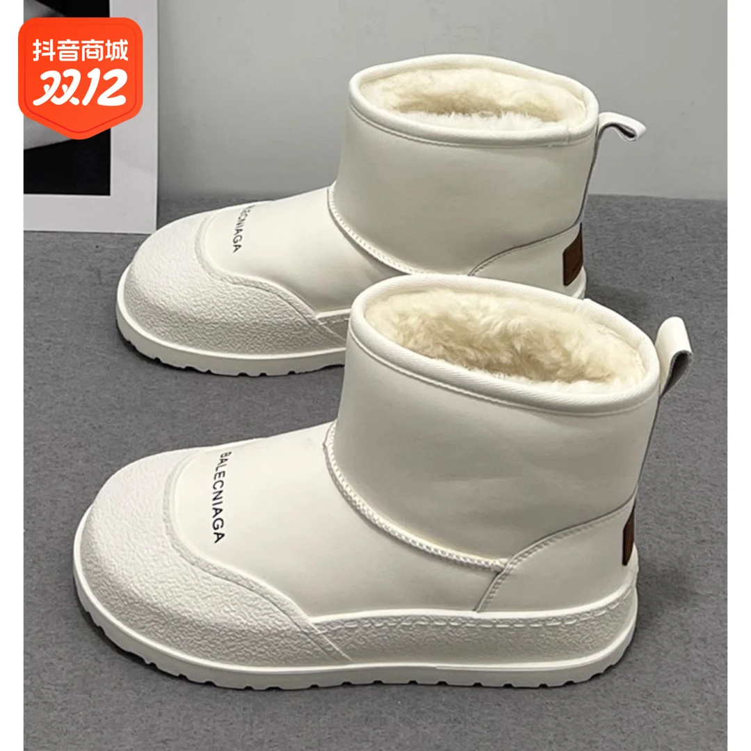 新款潮网红短筒白色雪地靴女2023年冬季平底防滑防水加绒保暖棉鞋