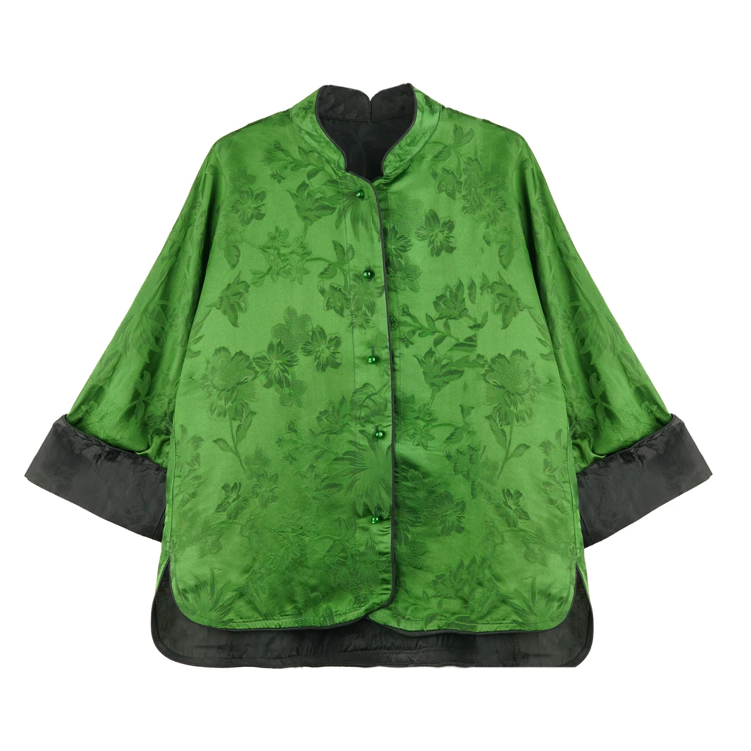 WW2025季新款时尚国风重缎绿色花海双面穿禅意外套 24512-1