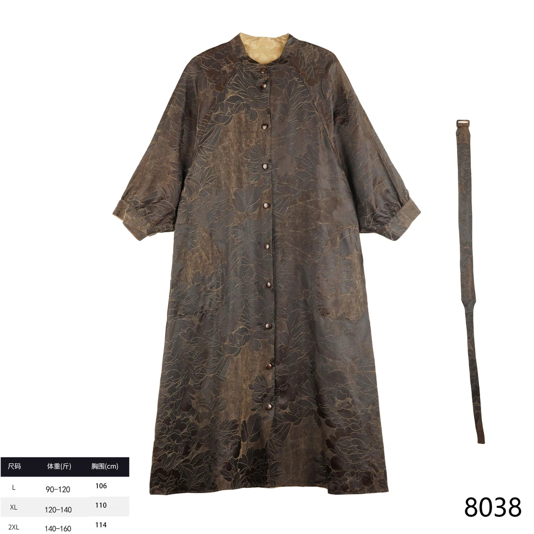 LN 2025新款时尚国风重磅黑咖色大牡丹设计师风衣8038