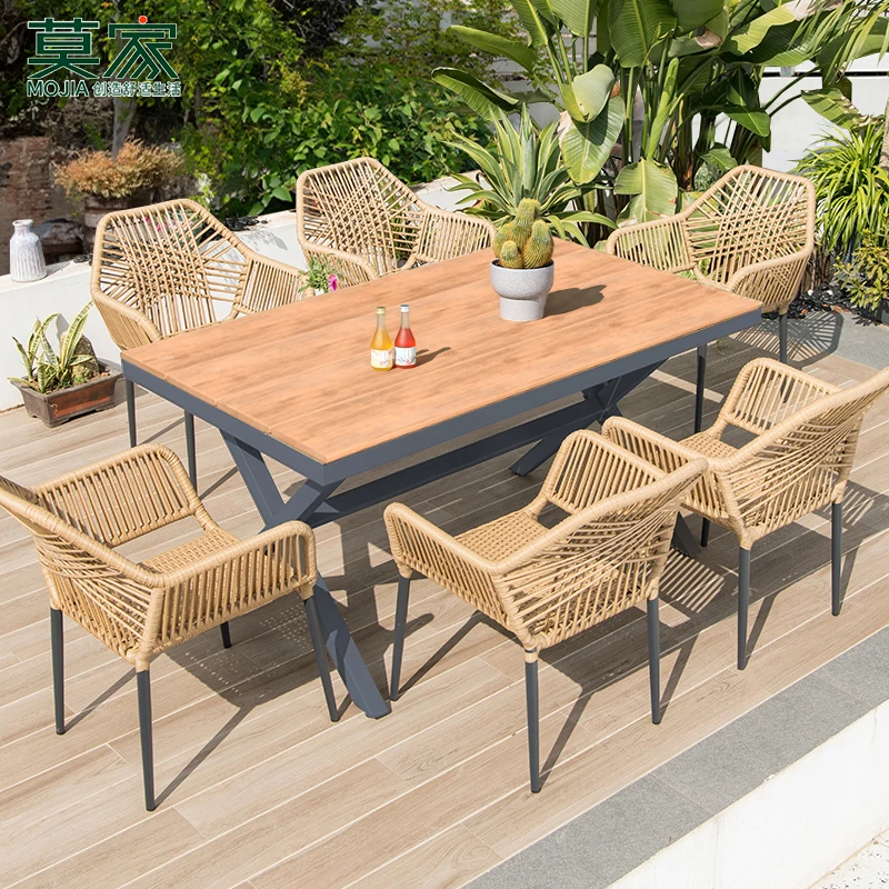 【莫家品牌】户外仿拉绳塑木桌椅组合别墅庭院花园外摆家用防水防晒