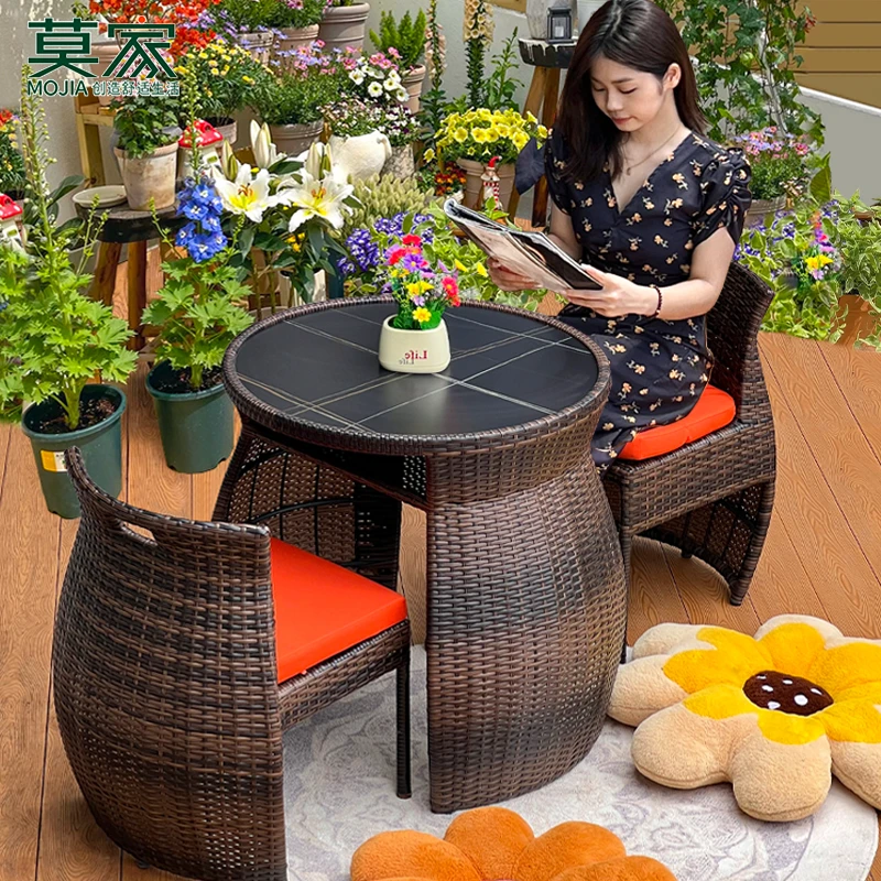 【莫家品牌】阳台户外仿藤编收纳桌椅别墅庭院花园家用藤椅收纳桌椅