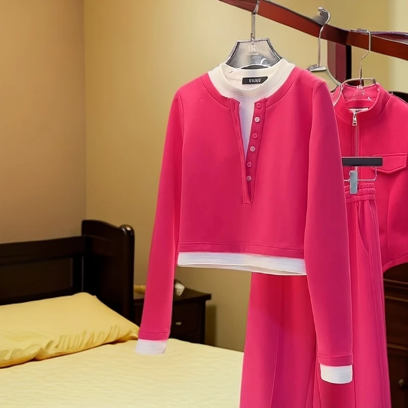 2025女士时尚百搭服装假两件长袖T恤女春秋新款百搭显瘦上衣 3398