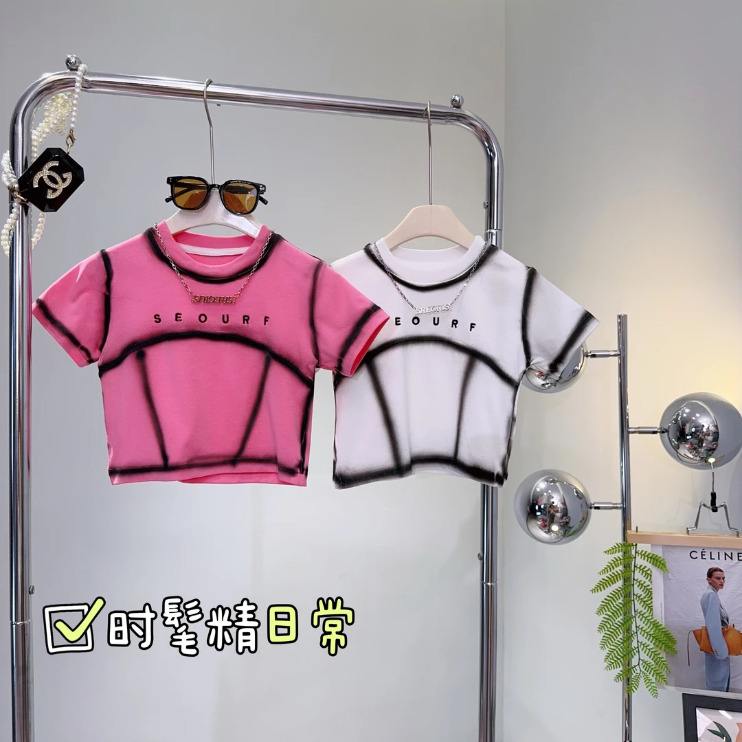 女童时尚短袖T恤夏季新款儿童韩版重工字母晕染印花百搭半袖上衣