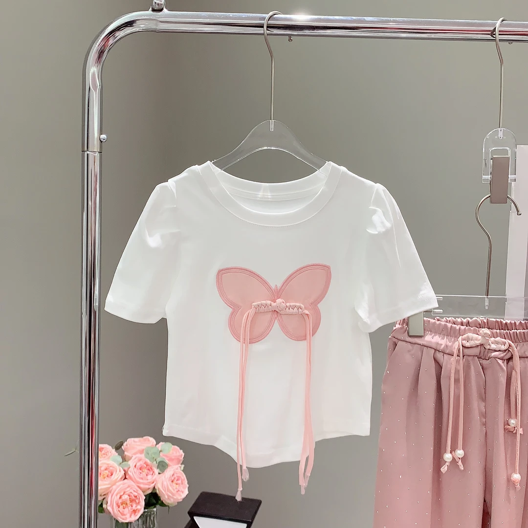 女童国风盘扣蝴蝶绣花短袖T恤2024新款儿童夏季时尚气质百搭上衣
