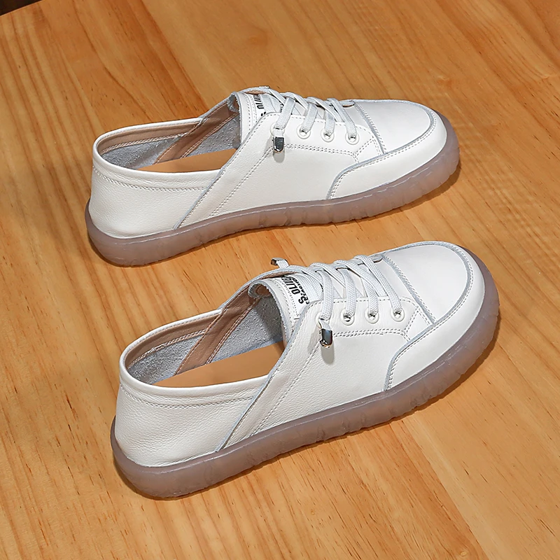 头层牛皮小白鞋女春夏薄款透气两穿百搭牛筋底一脚蹬休闲平底单鞋