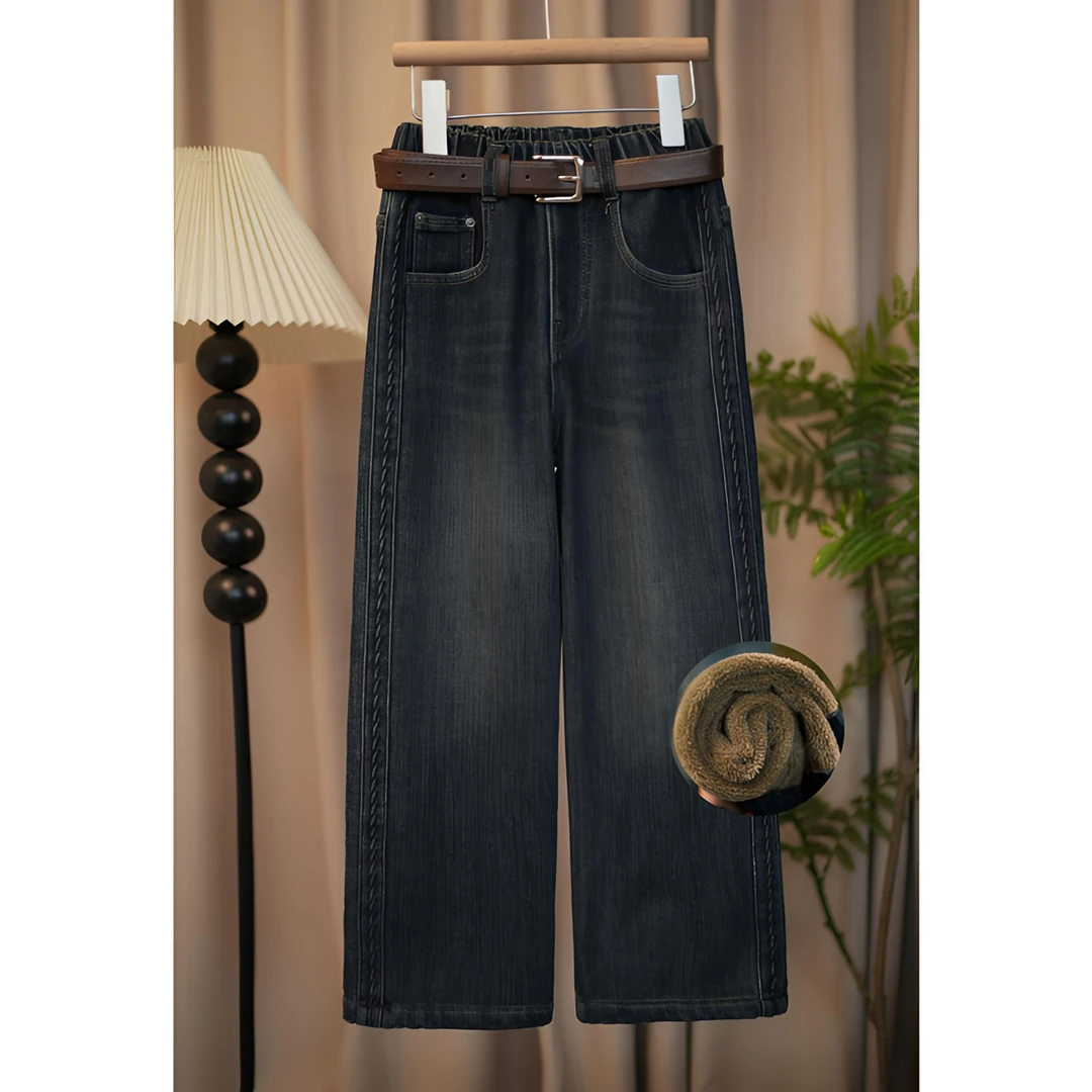 女童加厚绒牛仔裤2024冬季新款设计中大童直筒百搭儿童阔腿裤