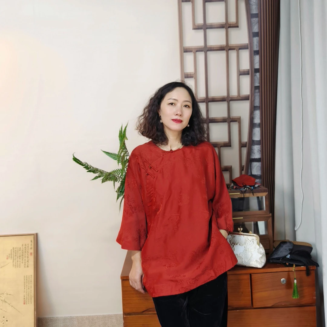 蔷薇玫瑰 新中式香云纱 盘扣斜门襟红云纱上衣