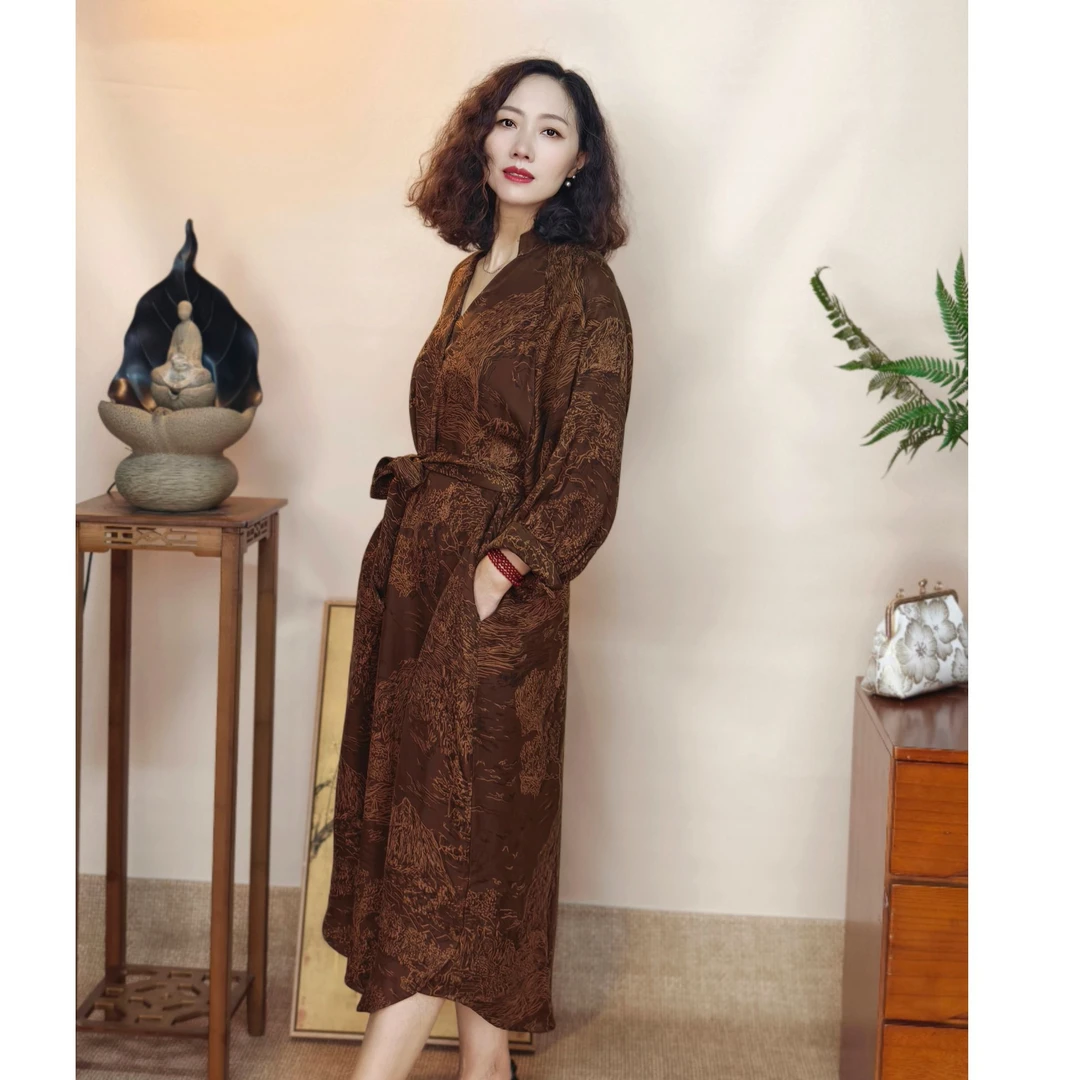 森林秘境  50MM重磅香云纱真丝 V领设计显瘦连衣裙