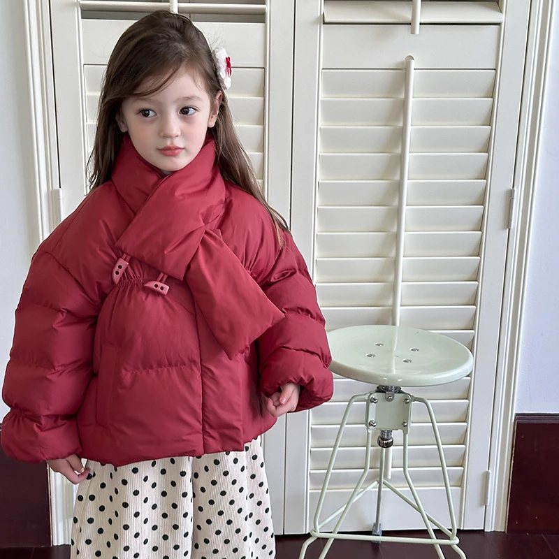 君筑【现货】儿童云朵棉服女童2024冬新款加厚面包服短款棉袄红色