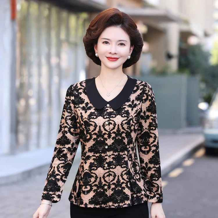 长袖T恤女时尚洋气减龄中老年女装简约百搭气质款呢