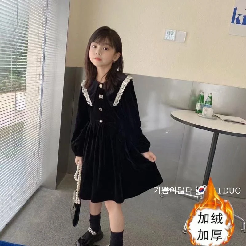 女童秋冬连衣裙2023新款加绒加厚洋气休闲裙子韩版公主裙金丝绒潮