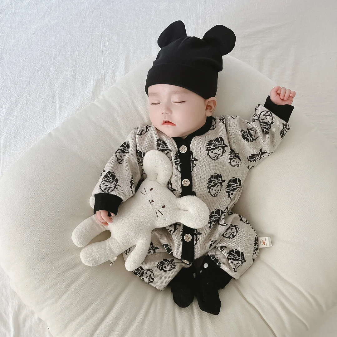 ins风婴儿满印针织韩系哈衣连体衣服初春秋季装宝宝超萌洋气外出