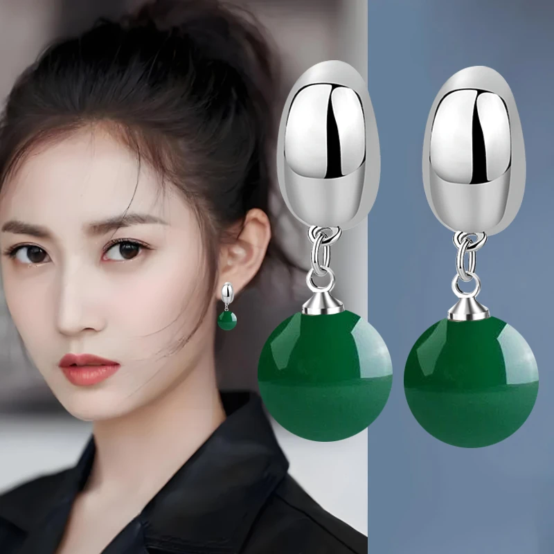 新款绿玛瑙复古银豆古风高级感旗袍耳钉耳饰气质优雅百搭法式轻奢