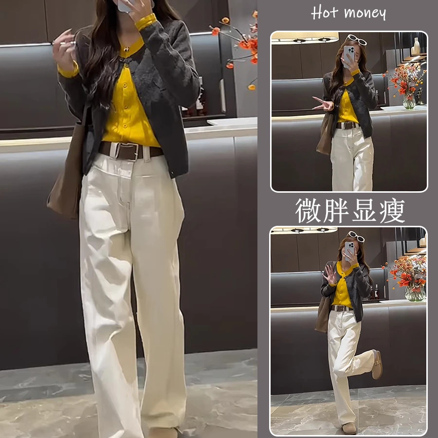 入秋搭配一整套时尚减龄撞色假两件针织毛衣百搭阔腿牛仔裤两件套