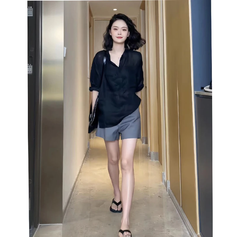 夏装搭配整套黑色防晒衬衫气质高级感港系穿搭微胖显瘦减龄套装