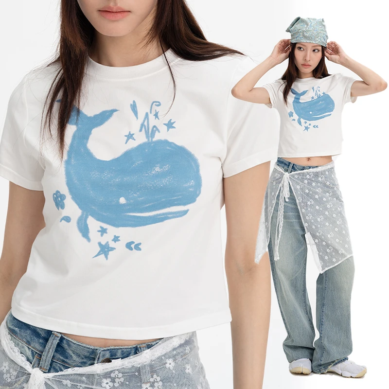 CONTRAFIEND趣味手绘鲸鱼印花圆领纯棉T恤 宽松情侣休闲百搭短袖