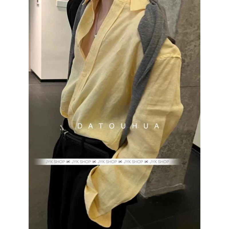 夏季新款老钱风简约棉麻气质POLO明黄色衬衫薄款防晒外套女