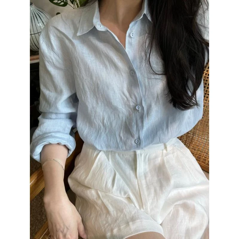 婴儿蓝棉麻防晒衬衫夏季宽松廓形慵懒亲肤透气翻领衬衣