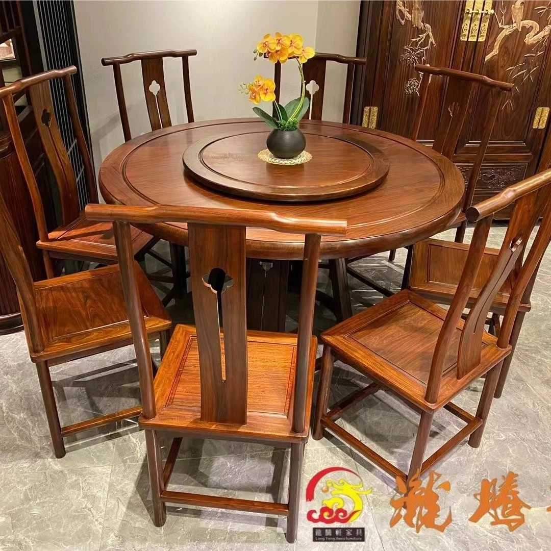 东非酸枝材质 1.38米梅花圆台9件套新中式 餐厅圆桌家用转盘