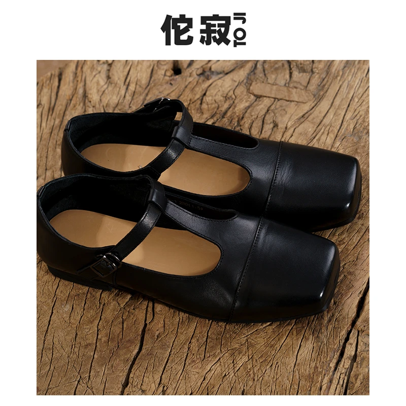 佗寂时尚文艺百搭夏季小牛皮软底方头水洗牛皮鞋黑玛丽珍TFN2Z500