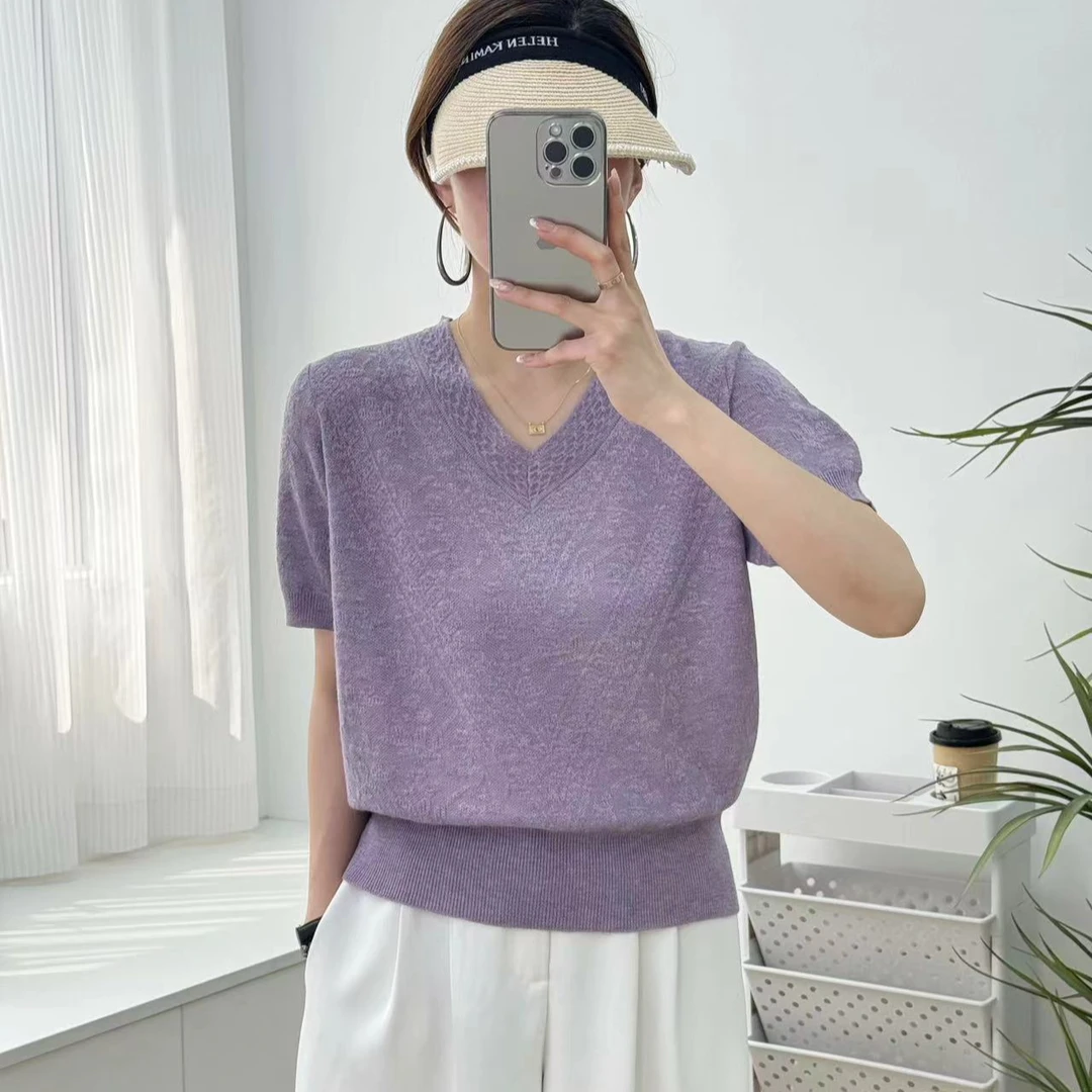 【紫V】新款时尚百搭套头针织衫气质v领A014
