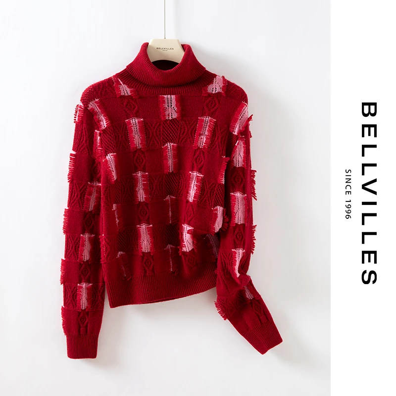 贝拉维拉【100%山羊绒】高领套头羊绒衫流苏设计师款女装加厚羊绒衫