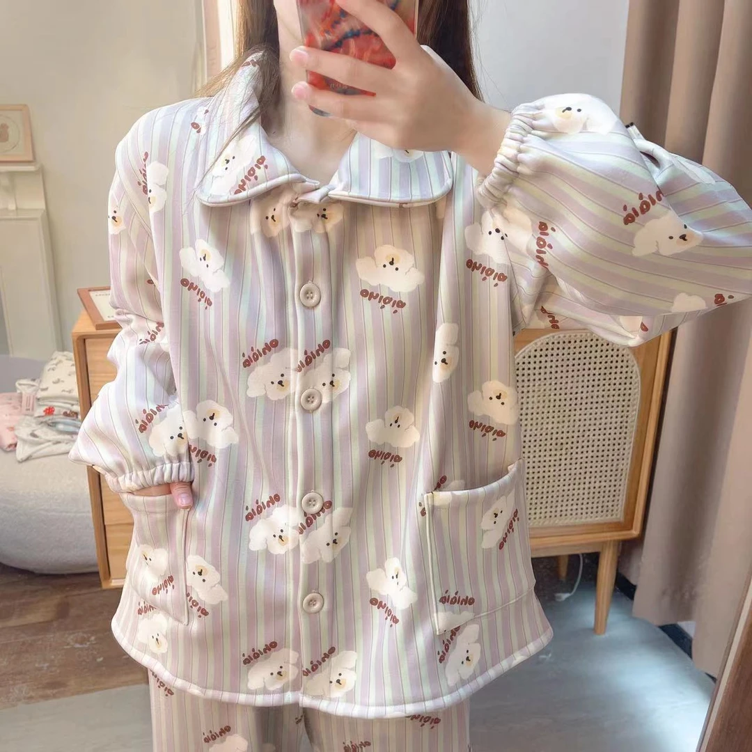 禾昊家【加厚钻石德绒】时尚家居服韩版秋冬季甜美睡衣保暖可外穿女