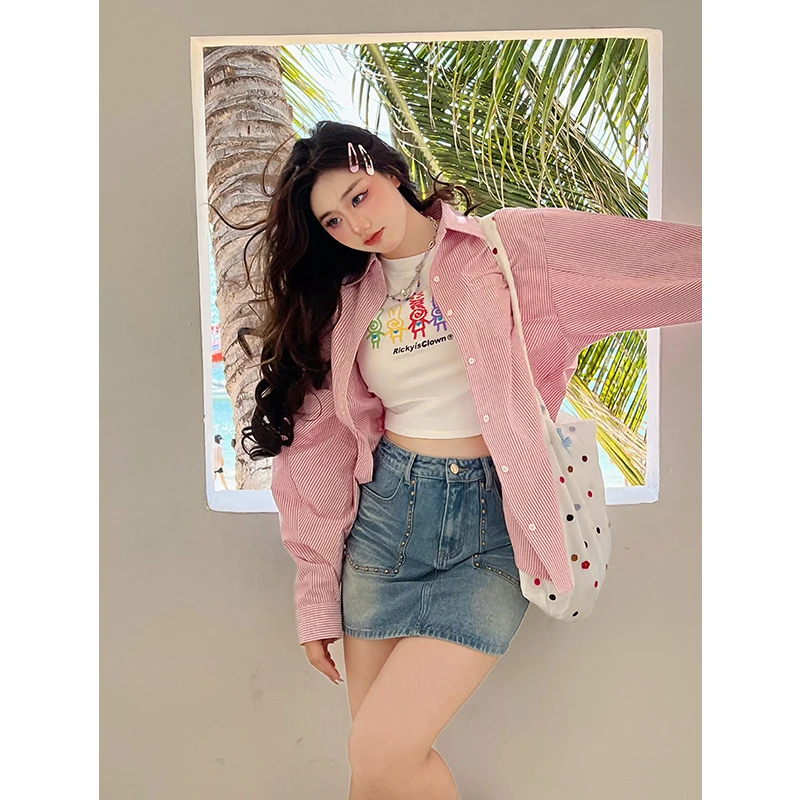 圆大敏「元气法则 衬衫」2024春季微胖MM宽松显瘦粉色条纹衬衫8252