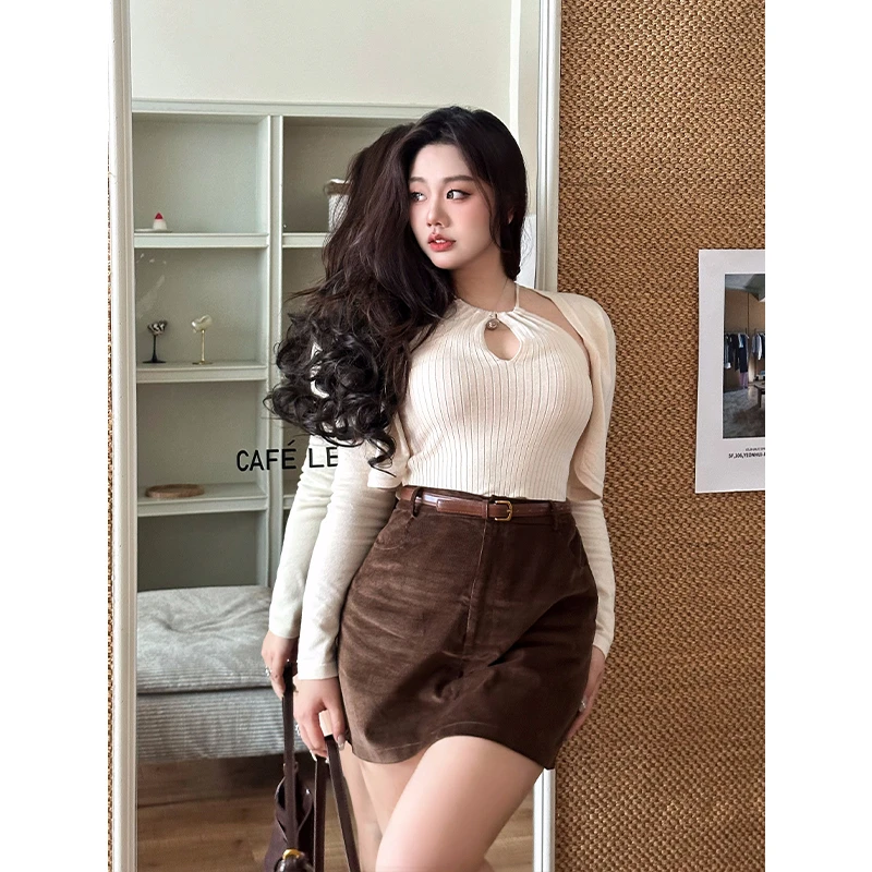 圆大敏【现货】「半裙  落日橘调」灯芯绒高腰半身裙秋季微胖mm8339