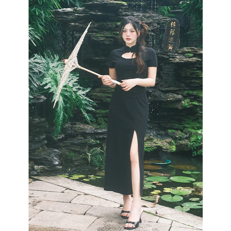 圆大敏【现】「丹青墨客」新中式套装镂空上衣开叉半裙夏季微胖mm4637