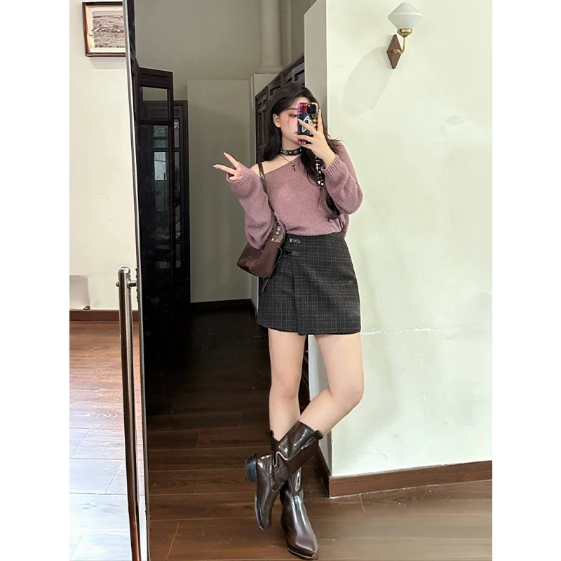 圆大敏【现】「半裙  智秀穿搭」不规则格子高腰半身裙秋季微胖mm7973