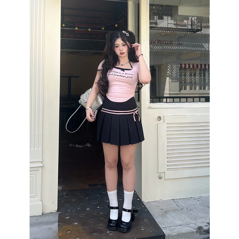 圆大敏【现货】「学院甜心」甜辣假两件上衣百褶裙套装夏季微胖mm5983