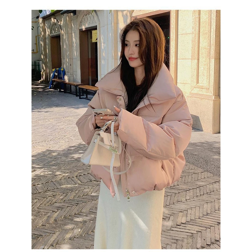 CxcvcK奶粉色新款琉光羽绒服服立领面包服加厚短款外套女冬装款