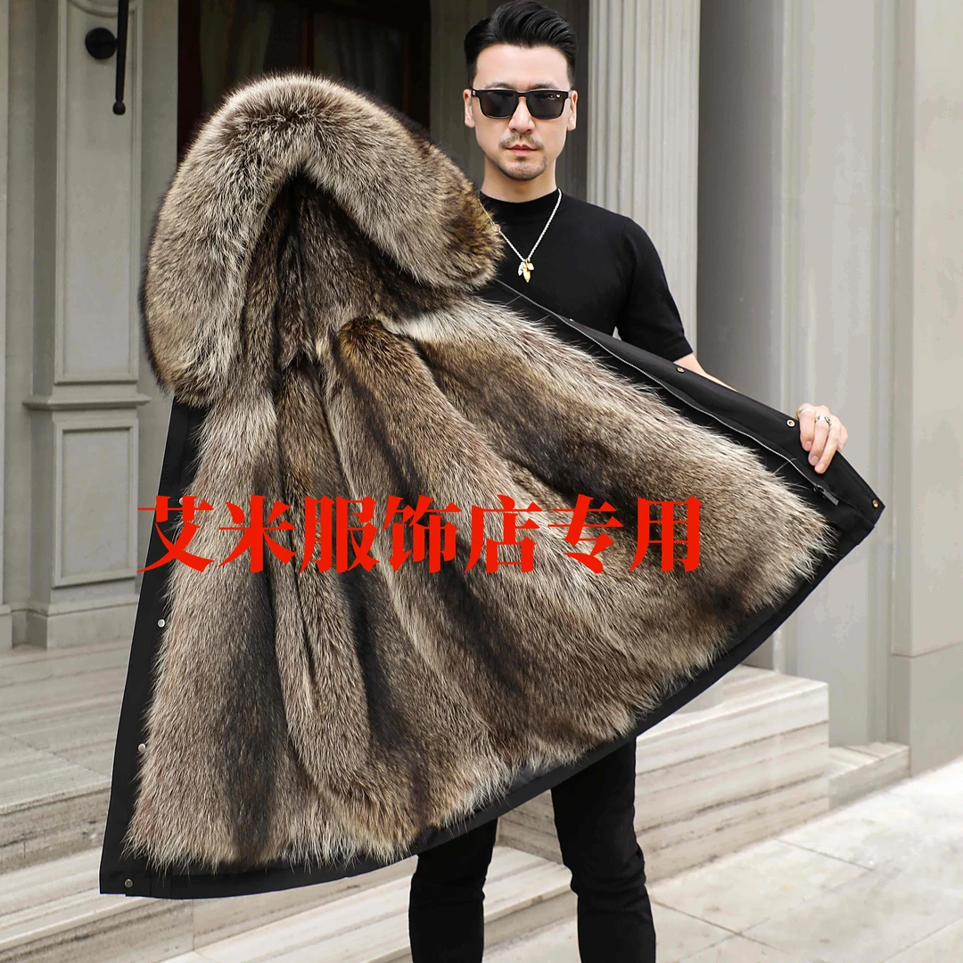 其他/其他男士中长款帽款美内胆可拆卸真毛一体大衣黑色可外套