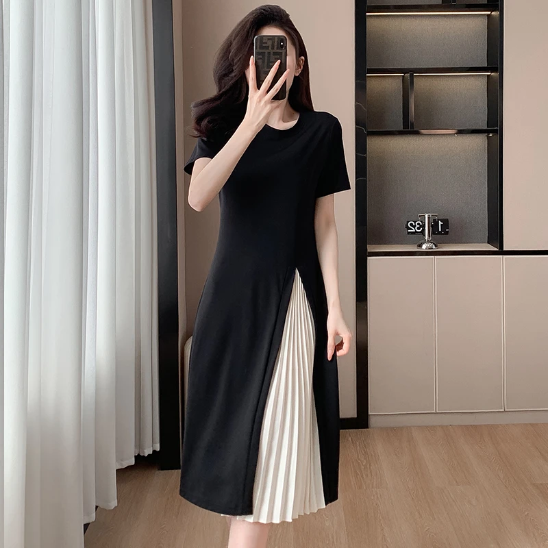 撞色连衣裙女夏皱褶拼接设计感舒适遮肉显瘦大码中长款T恤裙女
