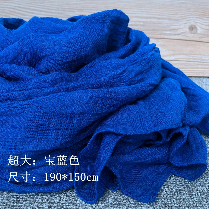 秋冬季棉麻围巾女士宝蓝色镂空网格超大长款加厚保暖披肩两用丝巾