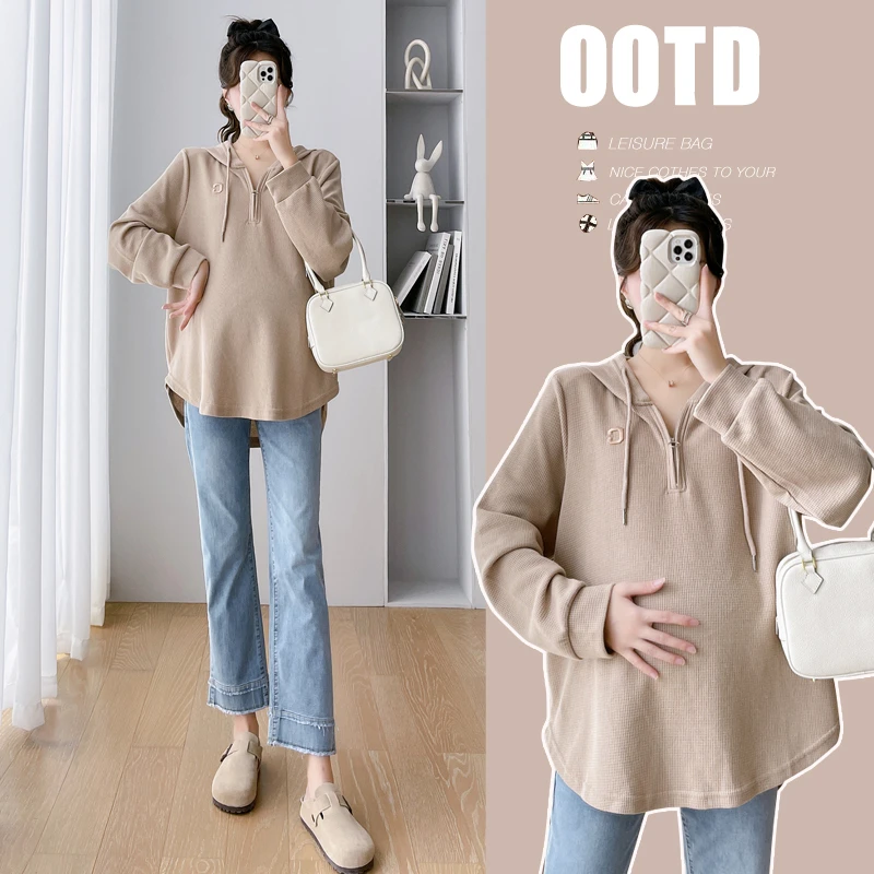 孕妇秋冬外穿半拉链连帽刺绣华夫格宽松套头休闲韩版减龄长袖卫衣