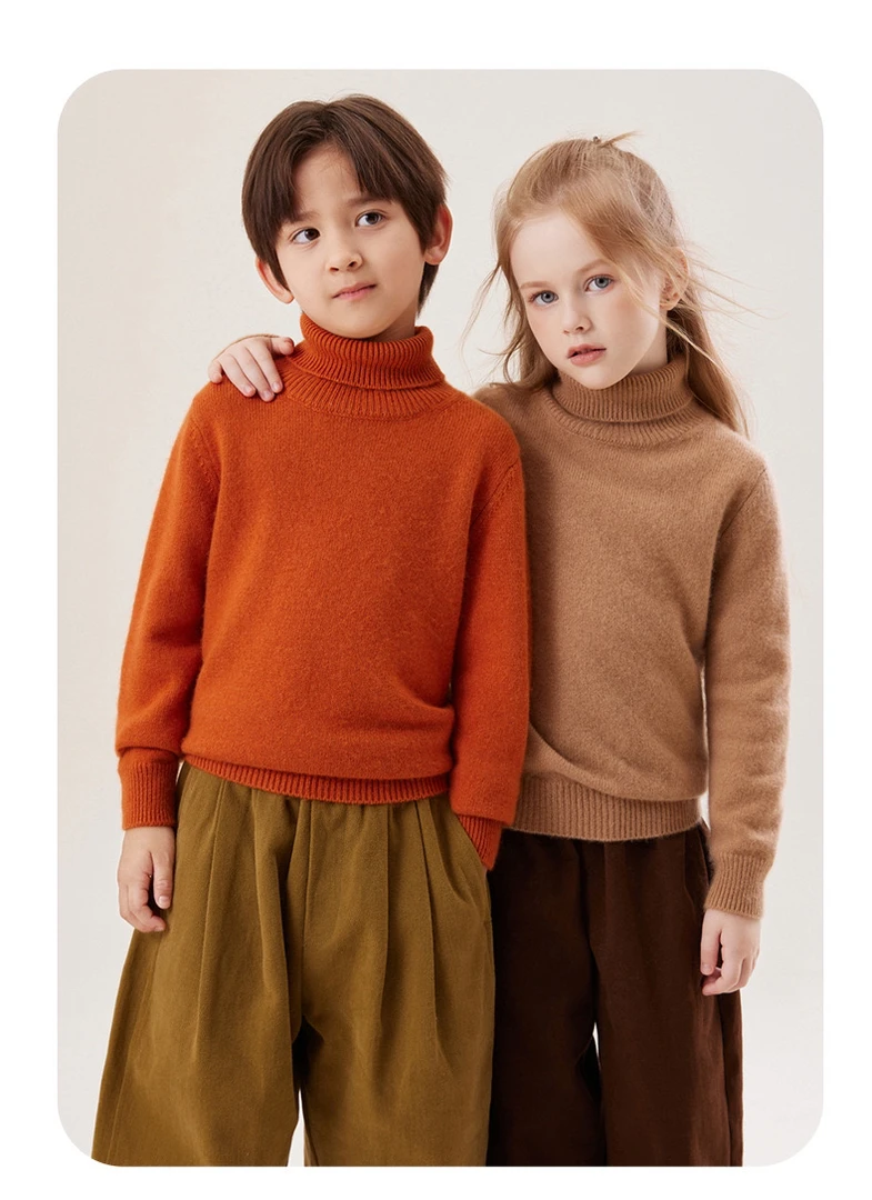 2024秋冬新款儿童羊绒衫高翻领加厚毛衣套头男童女童针织纯色打底