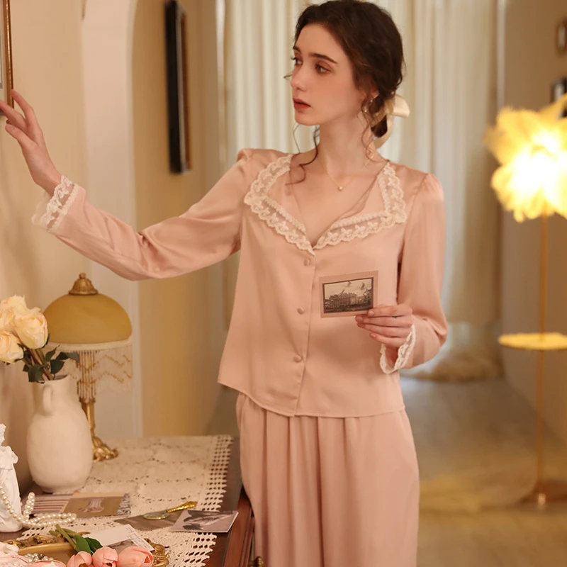 2026新品法式春秋长袖长裤冰丝套装仙女睡衣蕾丝翻领V领家居服女