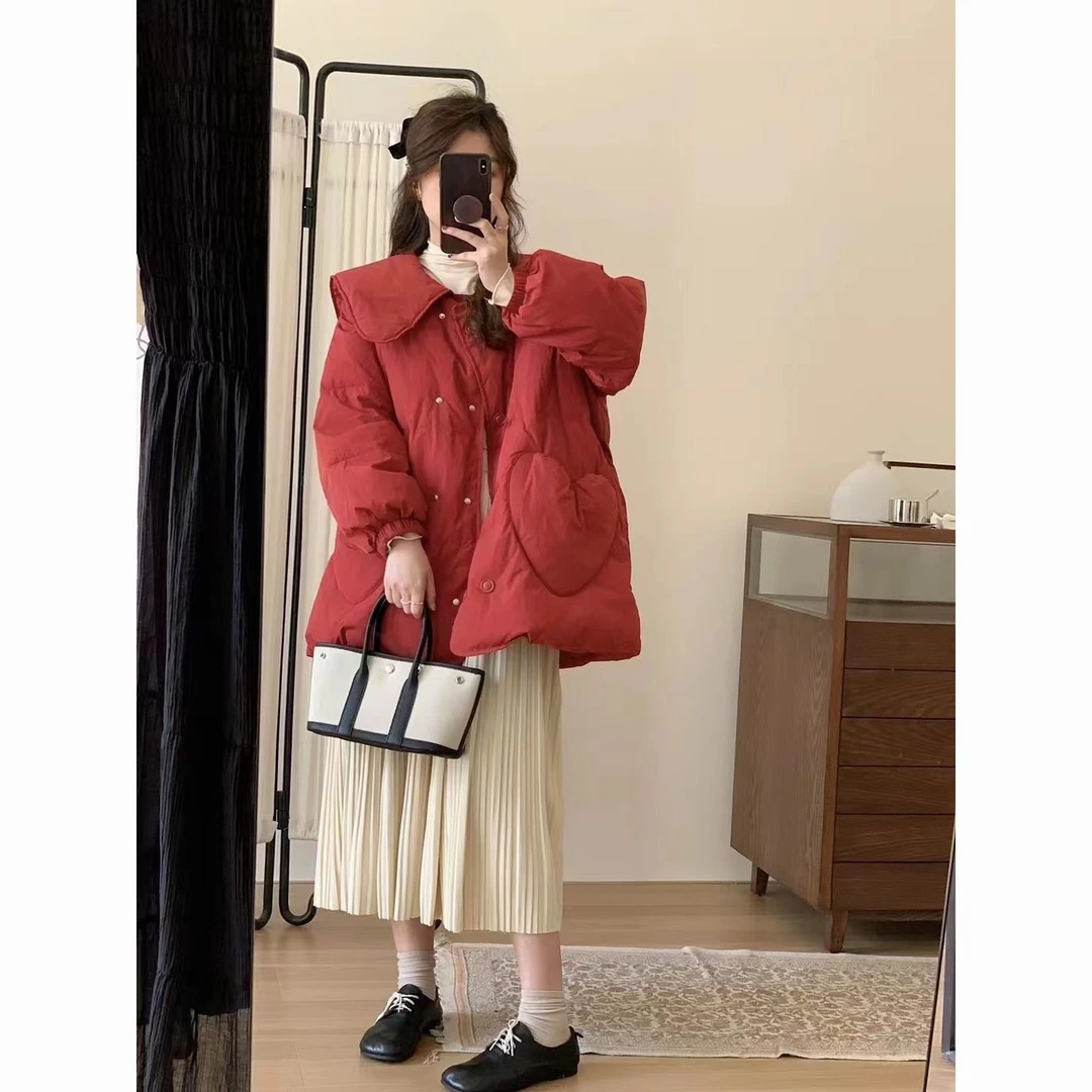 雅鹿羽绒服红色羽绒服女韩版小香风纯色娃娃领红袄结婚新娘冬季新