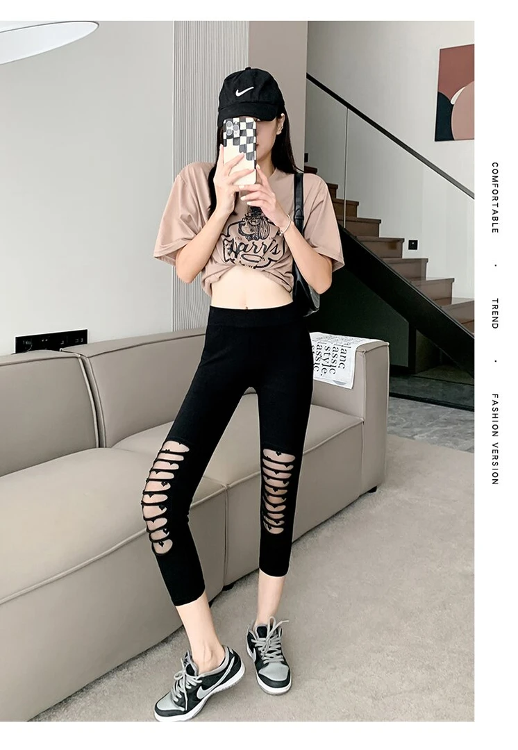 打底裤女夏薄款破洞网纱弹力大码胖MM紧身显瘦小脚裤七分裤女外穿