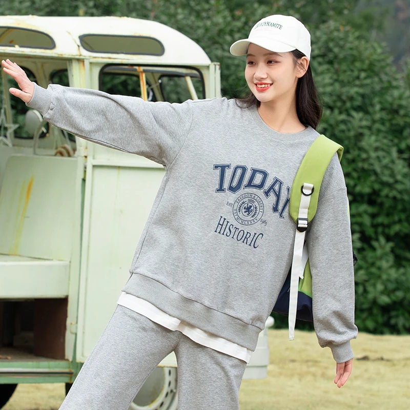 初中学生卫衣少女大童春季2023新款高中女生春装假两件上衣打底衫