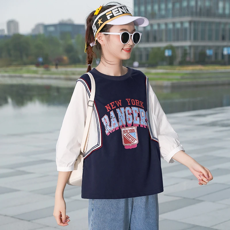 少女夏装高中初中学生假两件拼接T恤运动学院风韩版时尚中袖上衣